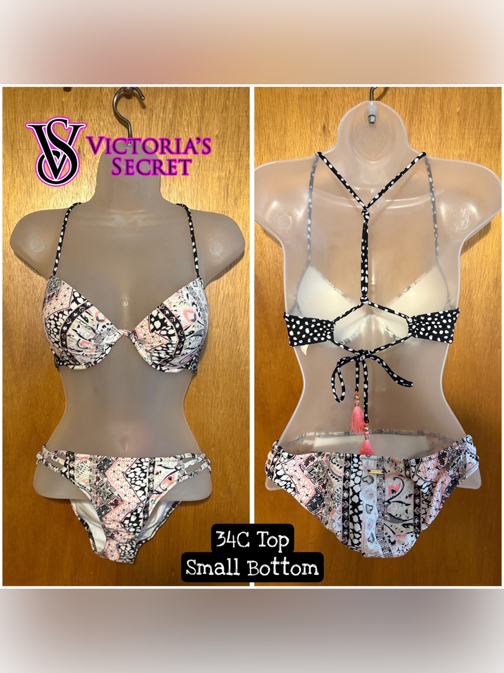 Victoria's Secret Pink and Black Print Bikini Like New Bottom S Top 34C